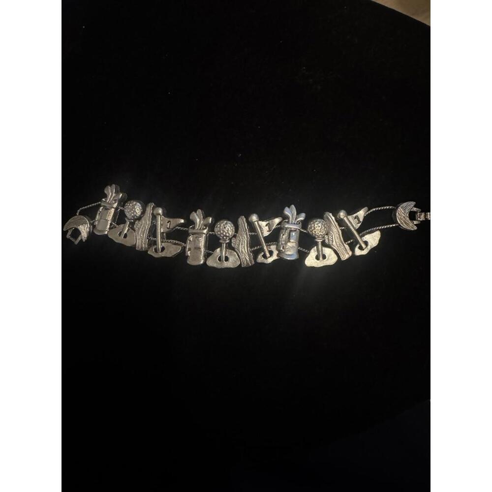 Vintage Golf Slide Silvertone Bracelet with 12 Charms Very Good Condition